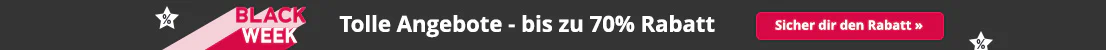 Banner mit Schriftzug „BLACK WEEK“, Sternen mit Prozentzeichen und Text „Tolle Angebote - bis zu 70% Rabatt“ auf dunklem Hintergrund.