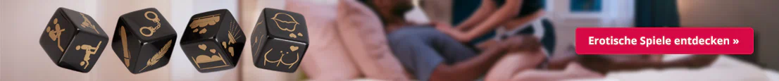 Erotische Würfelspiele mit Symbolen, unscharfes Paar im Hintergrund, Button „Erotische Spiele entdecken“.