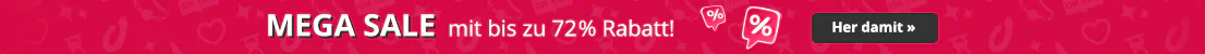 Schmaler Banner mit rotem Hintergrund, „MEGA SALE mit bis zu 72% Rabatt“, Prozent-Symbol und Button „Her damit“.