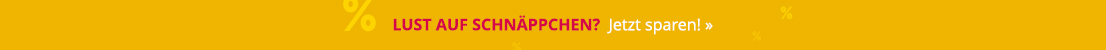 Das Bild zeigt ein bunt gestaltetes Werbebanner mit gelbem Hintergrund und hellgelben Prozentzeichen. In auffälliger Schrift steht in rot: „LUST AUF SCHNÄPPCHEN?“. In weiss steht: „Jetzt sparen! »“.