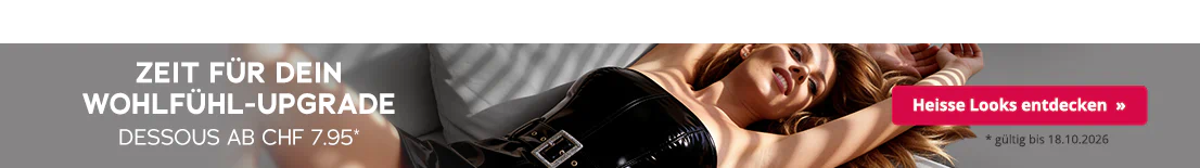 Werbebanner für Damen-Dessous: Eine Frau trägt ein schwarzes, glänzendes Korsett; Dessous ab CHF 7.95.