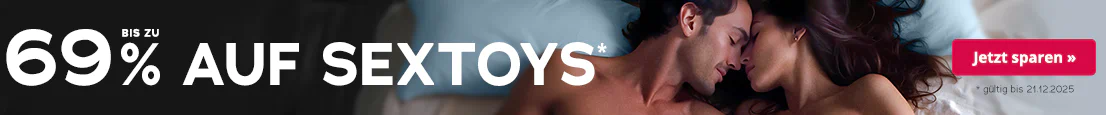 Nacktes Paar auf Bett, Werbetext „Bis zu 69% auf Sextoys, gültig bis 21.12.2025“ im Vordergrund.