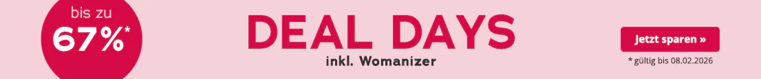 Werbemittel mit rosa Hintergrund. In grossen roten Buchstaben steht "Deal Days", darunter in kleinerer weisser Schrift: "Womanizer". Ausserdem ist ein roter kreisrunder Störer mit der Aufschrift "bis zu 67%" abgebildet. Am unteren Rand steht: "*gültig bis 08.02.2026".