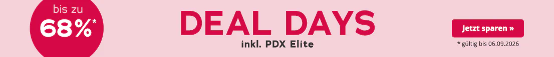 Werbemittel mit rosa Hintergrund. In grossen roten Buchstaben steht "Deal Days", darunter in kleinerer Schrift: "inkl. PDX Elite". Ausserdem ist ein roter kreisrunder Störer mit der Aufschrift "bis zu 68%" abgebildet. Am unteren Rand steht: "*gültig bis 06.09.2026".