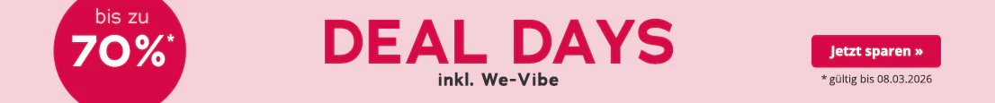 Werbemittel mit rosa Hintergrund. In grossen roten Buchstaben steht "Deal Days", darunter in kleinerer weisser Schrift: "We-Vibe". Ausserdem ist ein roter kreisrunder Störer mit der Aufschrift "bis zu 70%" abgebildet. Am unteren Rand steht: "*gültig bis 08.03.2026".