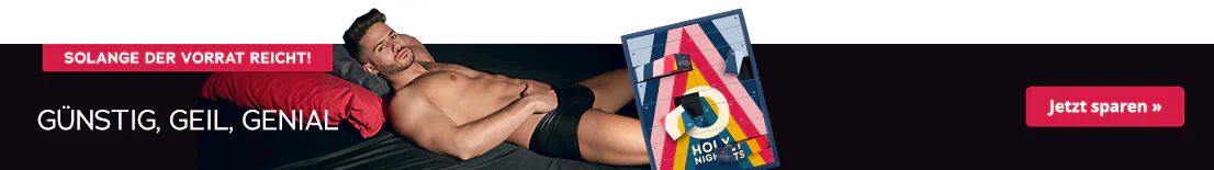 Das Bild zeigt eine Werbeanzeige, wo ein Mann mit dem Rücken auf dem Bett liegt und mit seiner Hand in die schwarze Unterhose fasst. Links im Bild ist der Adventskalender mit buntem Design und der Aufschrift „HOLY NIGHTS“ abgebildet. Daneben steht in weisser Schrift: „Günstig, Geil, Genial." Am oberen Rand ist ein rotfarbener Button mit dem Hinweis „Solange der Vorrat reicht!"