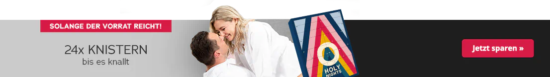 Das Bild zeigt eine Werbeanzeige, wo ein Mann in weissem T-Shirt mit dem Rücken auf einem Bett liegt und eine Frau in weisser Bluse über ihn gebeugt ist. Beide lächeln sich an. Plakativ ist der Adventskalender mit buntem Design und der Aufschrift „HOLY NIGHTS“ abgebildet. Daneben steht in schwarzer Schrift: „24x knistern, bis es knallt!“. Am oberen Rand ist ein rotfarbener Button mit dem Hinweis „Solange der Vorrat reicht“.