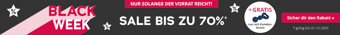 Ein Banner mit dunklem Hintergrund, auf dem grossflächig in weisser Schrift "Black Week - bis zu 70%" steht. In einem weissen Störer ist ein blauer Artikel abgebildet mit dem Text "Gratis nur mit Kundenkonto". Oberhalb der Anzeige steht in einem rotfarbenen Button "Nur solange der Vorrat reicht" und unterhalb der Anzeige steht "*gültig bis 01.12.2025".
