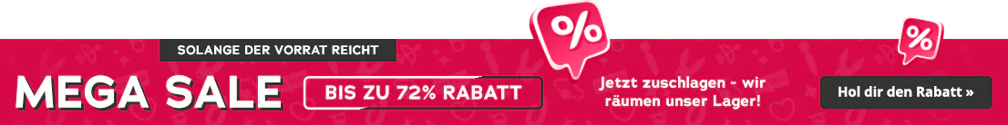 Roter Werbebanner mit Prozentzeichen, Text „Solange der Vorrat reicht“, „Mega Sale“ und „Bis zu 72 % Rabatt“.