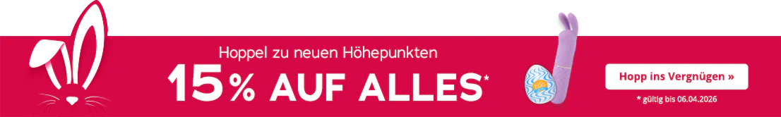 Ein roter Werbebanner mit weissen Osterhasenohren .Rechts ist ein lilafarbener Vibrator mit Hasenohren neben einem blauen Masturbator-Ei mit der Aufschrift „EGG“. Der Text lautet: „Hoppel zu neuen Höhepunkten – 15 % AUF ALLES*“. Auf einem weissen Button steht „Hopp ins Vergnügen »“. Unten rechts: „* gültig bis 06.04.2026“.