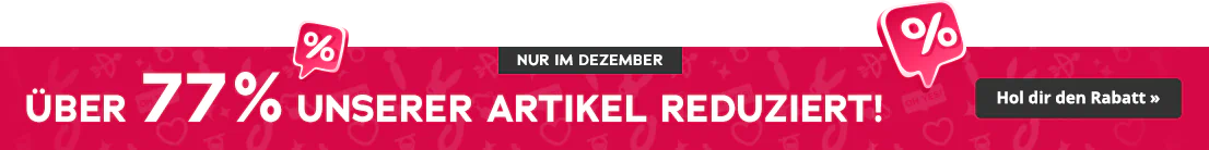 Roter Werbebanner mit weissen Prozent-Symbolen, Text „Nur im Dezember“, „Über 77 % unserer Artikel reduziert!“, Button „Hol dir den Rabatt“.