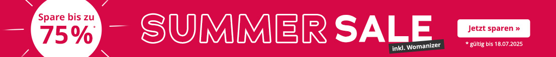 Das Bild zeigt eine Werbeanzeige mit rotem Hintergrund. Grossflächig steht in weisser Schrift „SUMMER SALE“. Darunter steht in kleiner Schrift "gültig bis 18.07.2025". Ein weisser Pfeil verbindet den plakativen Text mit einem weissen Kreis auf dem mit roter Schrift der Text „Spare bis zu 75%² steht. Darauf ist ein schwarzer Button mit weisser Schrift wo inkl. Womanizer draufsteht.