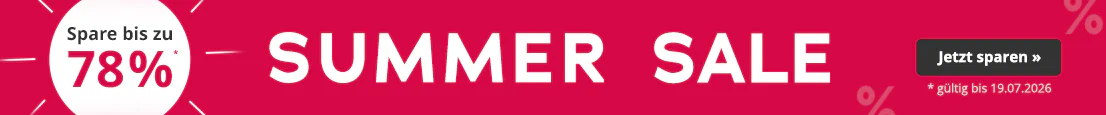 Grafik mit roten Hintergrund und dem Schriftzug 'Summer Sale'. Ein Pfeil zeigt auf einen weissen Kreis mit dem Text: 'Spare bis zu 78 %'. Kleingedruckt: 'gültig bis 19.07.2026'.