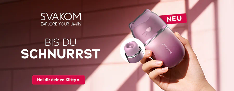 Ein lilafarbenes, katzenförmiges Sexspielzeug mit kleinen Ohren wird in einer Hand vor einer rosa Wand gehalten. Daneben zeigt ein kleines rundes Bild das offene Innere des Toys. Links steht der weisse Text „SVAKOM – Explore your limits“ und „BIS DU SCHNURRST“, rechts oben ein rotes Banner mit „NEU“. Unten ist ein roter Button mit weisser Schrift: „Hol dir deinen Klitty“.