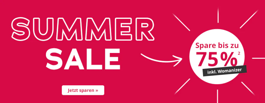 Das Bild zeigt eine Werbeanzeige mit rotem Hintergrund. Grossflächig steht in weisser Schrift „SUMMER SALE“. Darunter befindet sich ein weisser Kreis, auf dem mit roter Schrift der Text „Spare bis zu 75%² steht. Darauf ist ein schwarzer Button mit weisser Schrift wo inkl. Womanizer draufsteht. Um den Kreis herum sind symbolhafte weisse Linien, die Sonnenstrahlen darstellen. Ein weisser Pfeil verbindet Text und Grafik miteinander. Unten in der Anzeige befindet sich ein weisser Button mit roter Aufschrift „Jetzt sparen »“.