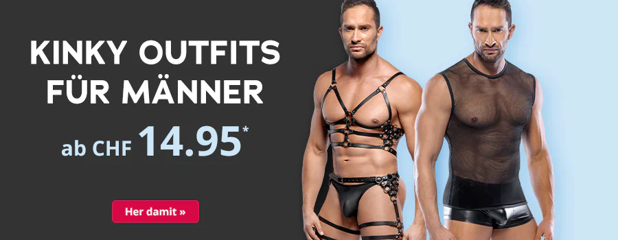 Werbebild für erotische Herren-Outfits aus Leder mit Harness, Preis ab CHF 14.95, Button „Her damit“.