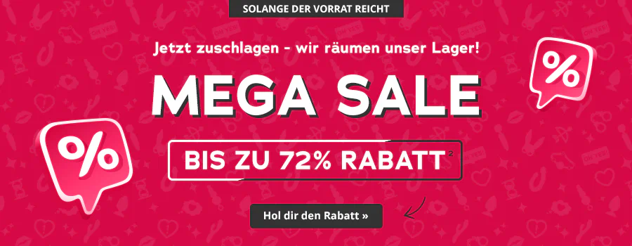 Werbebanner mit rotem Hintergrund, oberhalb steht in einem Button "Solange der Vorrat reicht", darunter steht der Text "Jetzt zuschlagen - wir räumen unser Lager! Mega Sale bis zu 72%“, darunter steht in einem Button „Hol dir den Rabatt“. Auf dem Werbemittel befinden sich Rabattzeichen.