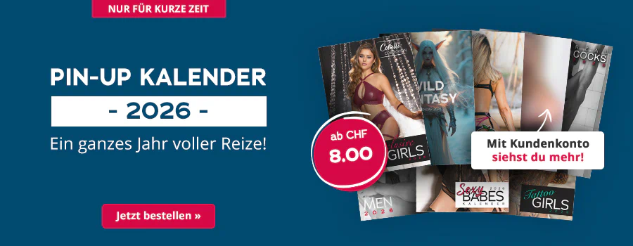 Mehrere Pin-up-Kalender für 2026 mit Motiven von Frauen in erotischen Posen nebeneinander dargestellt. Text: "Nur für kurze Zeit – Pin-up Kalender 2026 – Ein ganzes Jahr voller Reize!". Preisangabe: "ab CHF 8.00". Hinweis: "Mit Kundenkonto siehst du mehr!". Button: "Jetzt bestellen »"