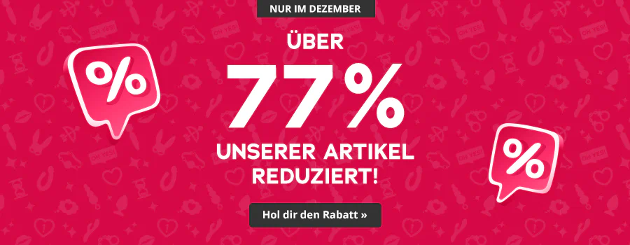 Roter Werbebanner mit weissen Prozent-Symbolen, Text „Nur im Dezember“, „Über 77 % unserer Artikel reduziert!“, Button „Hol dir den Rabatt“.