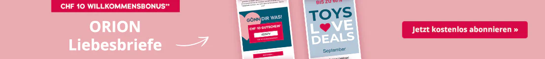 Rosa Werbemittel mit dem Text "10 € Willkommensbonus*" als rot hinterlegtes Verknappungselement oben. Darunter in weißer Schrift "ORION Liebesbriefe" und in roter Schrift "Unsere 3 Newsletter", begleitet von einem roten Pfeil, der auf drei abgebildete Newsletter-Designs zeigt. Die Designs enthalten Slogans wie "Gönn dir was!", "Toys Love Deals" und "Mach’s dir selbst". Rechts befindet sich ein roter Call-to-Action-Button mit dem Text "Jetzt kostenlos abonnieren >>".