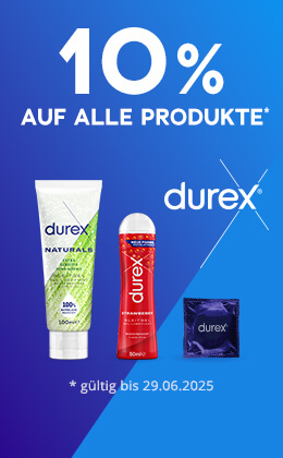 Das Bild zeigt eine Werbeanzeige mit einem blauen Hintergrund. Es steht gross in weisser Schrift: „10 % auf alle Produkte*“. Es sind drei Produkte der Marke „Durex“ abgebildet: zwei Tuben Gleitgel, und ein Kondompäckchen. Das Durex-Logo ist ebenfalls zu sehen. Unten befindet sich ein rotfarbener Button mit weisser Aufschrift: „Zu Durex »“.