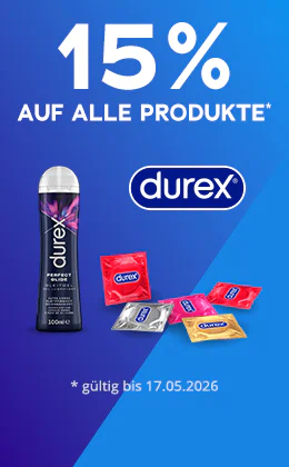 Das Bild zeigt eine Werbeanzeige mit einem blauen Hintergrund. Es steht gross in weisser Schrift: „15 % auf alle Produkte“. Es sind Produkte der Marke „Durex“ abgebildet.
