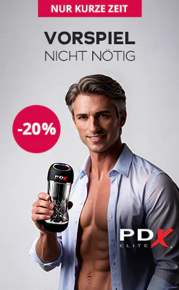 Ein Mann mit offenem hellblauem Hemd hält einen Masturbator in der Hand. Grossflächg steht „VORSPIEL NICHT NÖTIG“, oben „NUR KURZE ZEIT“. In einem roten Störer steht „-20%“. Unten steht auf einem roten Button „Mach’s dir richtig »“. Darüber ist das Markenlogo "PDX Elite" abgebildet.