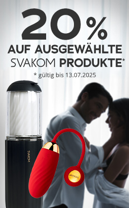 Das Bild zeigt eine Werbeanzeige mit einem grossen schwarzen Schriftzug: „20 % auf ausgewählte SVAKOM Produkte“. Darunter steht in kleiner grauer Schrift: „* gültig bis 13.07.2025“. Im Vordergrund sind zwei Produkte der Marke SVAKOM abgebildet: ein schwarzer Masturbator mit transparenter Kappe und ein rotes, Vibroei mit goldfarbenen Akzenten. Im Hintergrund erkennt man ein Paar, das sich nahekommt. Unten im Bild befindet sich ein rotfarbener Button mit weisser Aufschrift: „Sicher dir den Rabatt »“.