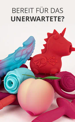 Ein rotes, einhornförmiges Sextoy steht zwischen weiteren bunten Toys in Rosa, Blau und Lila sowie einem hellen Pfirsich-Toy. Oben steht in schwarzen Grossbuchstaben: „BEREIT FÜR DAS UNERWARTETE?“ Unten auf einem roten Button der Text: Einzigartige Sextoys entdecken“.
