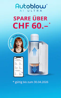 Auf einem blauen Hintergrund ist ein weiss/blauer Masturbator zu sehen. Grossflächig ist das Logo „Autoblow“ abgebildet. Darunter steht in roter Schrift „SPARE ÜBER CHF 60“ und „Gültig bis zum 30.04.2026“. Daneben ein kreisförmiges Foto einer überraschten Frau mit Handy-App und dem Text "NOW WITH AI GIRLFRIEND CONTROL" . Unten ein roter Button mit weisser Schrift: „Sicher dir den Rabatt »“.