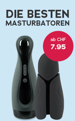 Zwei Masturbatoren vor blauem Hintergrund, Text: „Die besten Masturbatoren ab CHF 7.95“ und roter Button „Lass dich inspirieren“.