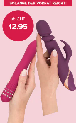 Zwei weibliche Hände halten pinken und lilafarbenen Vibrator vor rosa Hintergrund, Text: „ab CHF 12.95“ und Banner „Solange der Vorrat reicht!“, unten Button „Die besten Vibratoren“.