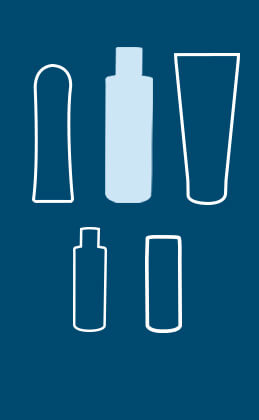 Werbemittel mit einfarbig blauem Hintergrund. Abgebildet sind Gleitgeltuben in verschiedenen Formen und Größen. Diese Tuben sind in zwei Reihen, oben drei und unten zwei. Alle Tuben haben eine weiße Umrandung. Das Gleitgel in der oben Reihe in der Mitte ist gelb.