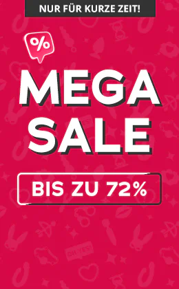 Werbebanner mit rotem Hintergrund, weisser Aufschrift „MEGA SALE“, Hinweis „Nur für kurze Zeit!“, „Bis zu 72%“ Rabatt und Rabatt-Symbol. Unterhalb Button: Jetzt zuschlagen.