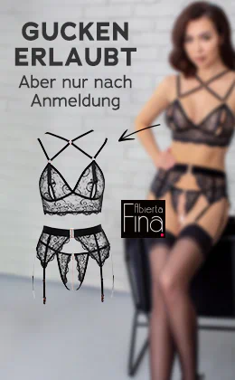 Das Bild zeigt eine Werbeanzeige mit hellem Hintergrund. In schwarzer Schrift steht: „GUCKEN ERLAUBT Aber nur nach Anmeldung“. Es ist eine Frau in schwarzer Spitzenunterwäsche unscharf abgebildet. Daneben ist das gleiche Dessous-Set als einzelnes Bild, also ohne Model abgebildet. Ein schwarzer Pfeil, schafft eine Verbindung zwischen dem einzelnen Set und dem Model, welches das Set trägt. Unten befindet sich ein rotfarbener Button mit weisser Schrift: „Jetzt registrieren »“.