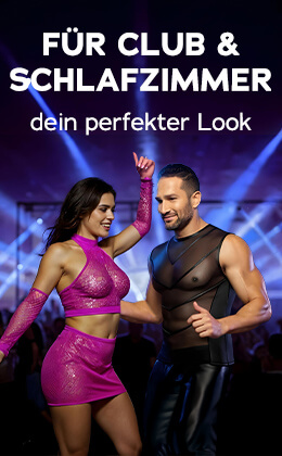 Der Hintergrund der Werbeanzeige ist ein Club, in dem gefeiert wird. Es ist dunkel, man sieht Umrisse von Menschen und Scheinwerferlicht. Im Vordergrund Ist eine Frau und ein Mann, die gegenüber voneinander tanzen. Die Frau hat ein pinkes Top, mit passendem Minirock und Armstulpen aus Netz an. Der Mann trägt ein enges, schwarzes Shirt im edlen Mattglanz mit Powernet-Einsatz und einer dunklen, langen Hose. In grosser, weisser Schrift steht "Für Club & Schlafzimmer - dein perfekter Look". Unterhalb befindet sich ein rotfarbener Button mit der Aufschrift "Will ich »".