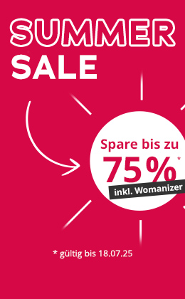 Das Bild zeigt eine Werbeanzeige mit rotem Hintergrund. Grossflächig steht in weisser Schrift „SUMMER SALE“. Darunter befindet sich ein weisser Kreis, auf dem mit roter Schrift der Text „Spare bis zu 75%² steht. Darauf ist ein schwarzer Button mit weisser Schrift wo inkl. Womanizer draufsteht. Um den Kreis herum sind symbolhafte weisse Linien, die Sonnenstrahlen darstellen. EIn weisser Pfeil verbindet Text und Grafik miteinander. Unten in der Anzeige befindet sich ein weisser Button mit roter Aufschrift „Jetzt sparen »“.