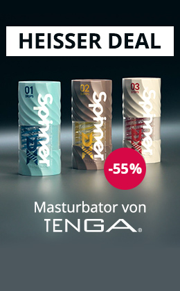 Das Bild zeigt eine Werbeanzeige für TENGA Spinner Masturbatoren mit drei Modellen auf dunklem Hintergrund, dazu ist ein roter Störer mit -55% abgebildet und einem grossen Schriftzug "Heisser Deal" in schwarz auf weissen Hintergrund. Unter dem Bild befindet sich ein roter CTA mit dem Schriftzug "Jetzt Sparen »"