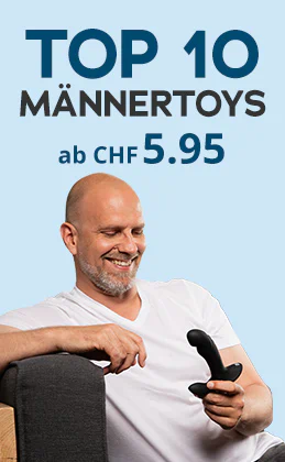 Werbemittel mit Schriftzug „TOP 10 Männertoys ab CHF 5.95“, ein Mann in weissem Shirt hält ein schwarzes Sextoy; unten roter Button „Lass dich inspirieren“.