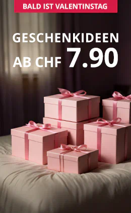 Rosa Geschenkboxen mit Schleifen auf einem Bett, Text: „Erotische Geschenkideen ab CHF 7.95“, Button „Lass dich inspirieren“, Hinweis auf Valentinstag.