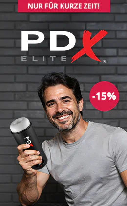 Werbebanner für PDX Elite mit -15% Rabatt, Mann hält einen Masturbator in der Hand, Button „Zur Aktion“, grauer Hintergrund, Angebot für kurze Zeit.