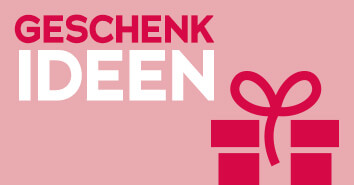 Werbemittel mit einfarbig rosanem Hintergrund. In großer weißer und roter Schrift steht: "Geschenkideen". Außerdem ist ein rotes Geschenkicon abgebildet.