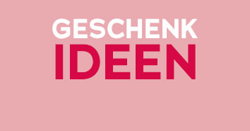 Werbemittel mit einfarbig rosanem Hintergrund. In großer weißer und roter Schrift steht: "Geschenkideen". Außerdem ist ein rotes Geschenkicon abgebildet.