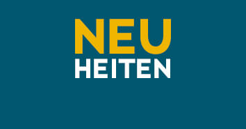 Werbemittel mit einfarbig blauem Hintergrund. In großer weißer und gelber Schrift steht: "Neuheiten & Trends".