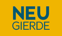 Werbemittel mit einfarbig gelbem Hintergrund. In großer blauer Schrift steht: "Neugierde".