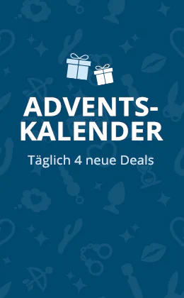 Werbebanner mit Text „Adventskalender – Täglich 4 neue Deals“, zwei Geschenk-Icons und rotem Button „Jetzt sparen & Türchen öffnen“.