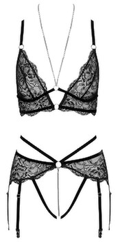 Hauptbild von Bralette plus Straps-String ouvert aus Spitze mit Samtdetails
