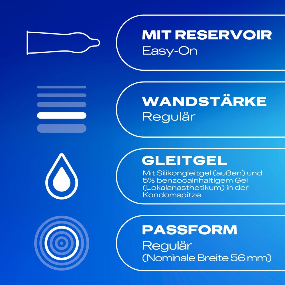 Kondome „Performa“ mit Verzögerungsgel in der Spitze