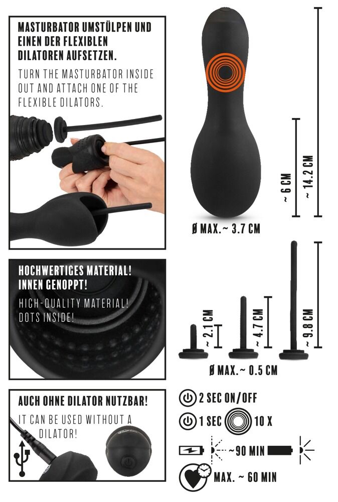 Eichelvibrator "Glans Masturbator with 3 attachable Dilators" mit 3 Dilatoren, 10 Vibrationsmodi, wiederaufladbar