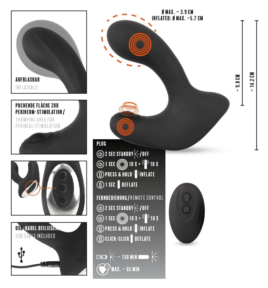 Analplug „RC Butt Plug with 3 functions“ zum Aufpumpen, 10 Vibrations-/Pulsationsmodi, wiederaufladbar